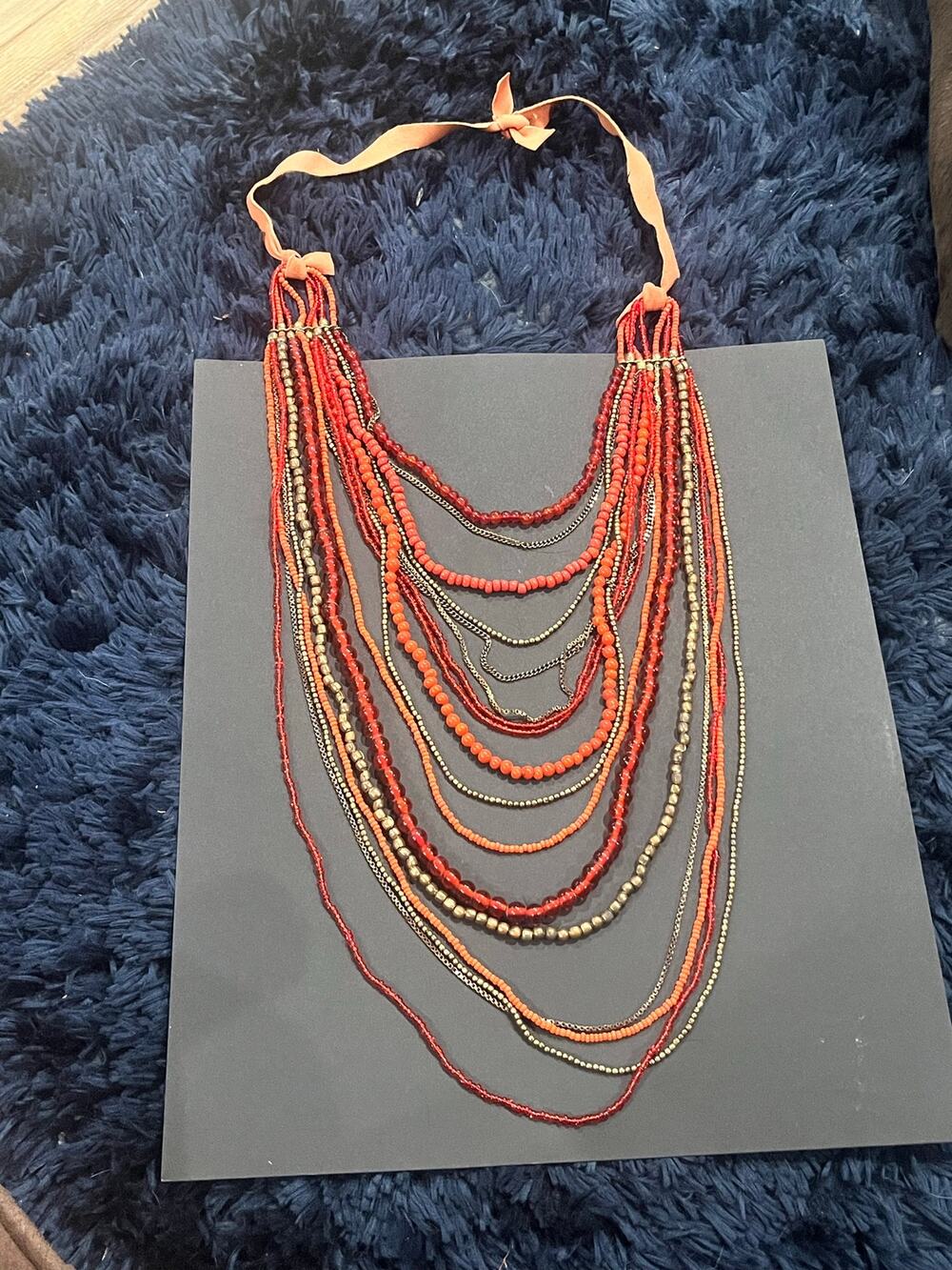 Red, Orange, and Gold Layered String Beaded Statement Necklace